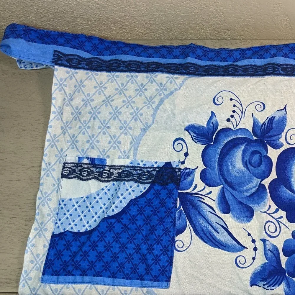 Russian Gzhel Pattern Linen and Lace Apron, Blue and White, 9-Piece Set